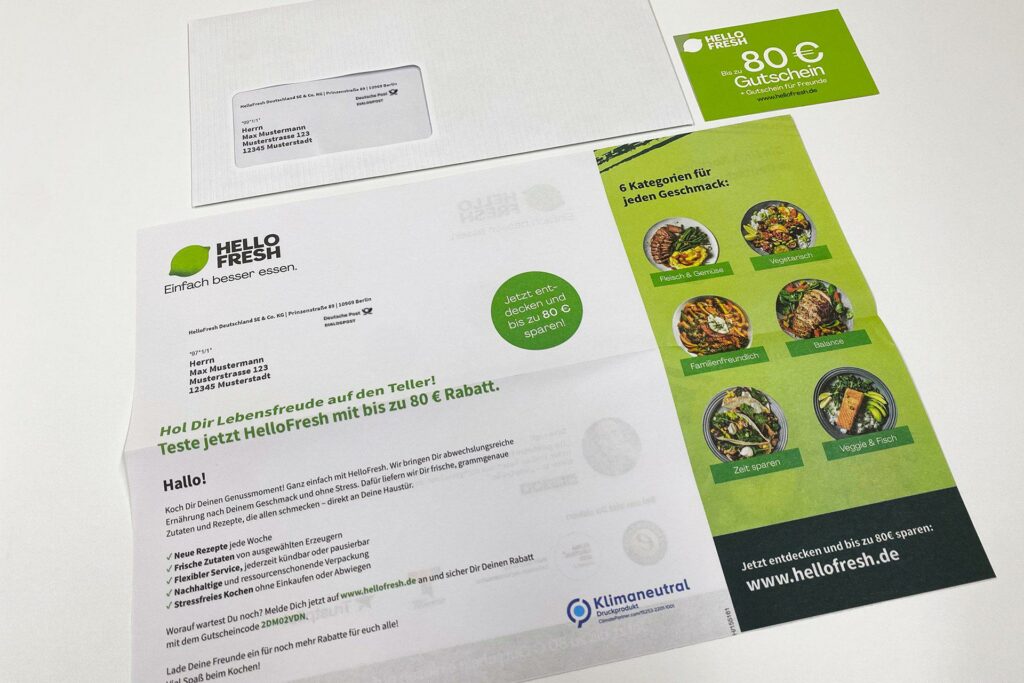 HelloFresh-Werbesendung mit Gutschein und Details zu verschiedenen Rezeptkategorien.