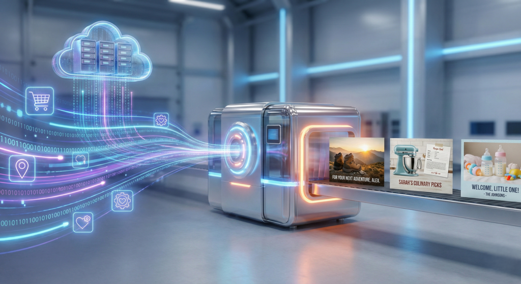Grafische Darstellung hyperpersonalisierter Print-Mailings: Futuristische Druckmaschine in einer modernen Fabrik, die Daten aus einer Cloud empfängt und personalisierte Druckprodukte auf einem Förderband erstellt. (KI-generiert für team go direct)