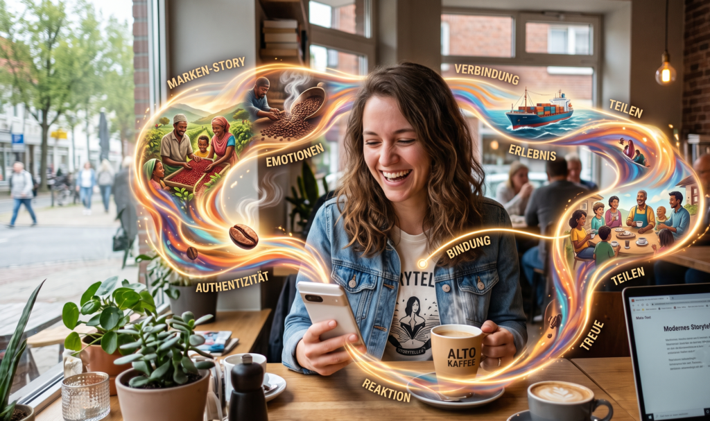 Beispiel für modernes Storytelling: Eine Frau sitzt in einem Café und trinkt Kaffee. Auf dem Handy sieht sie Werbung, die sie emotional anspricht und eine Geschichte erzählt.