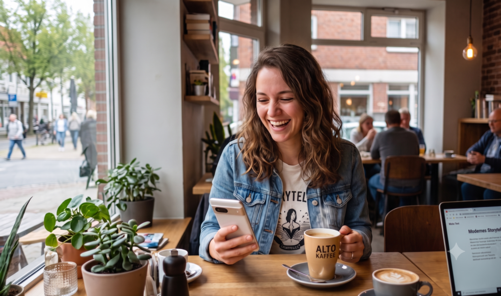 Beispiel für modernes Storytelling: Eine Frau sitzt in einem Café und trinkt Kaffee. Auf dem Handy sieht sie Werbung, die sie emotional anspricht und eine Geschichte erzählt.