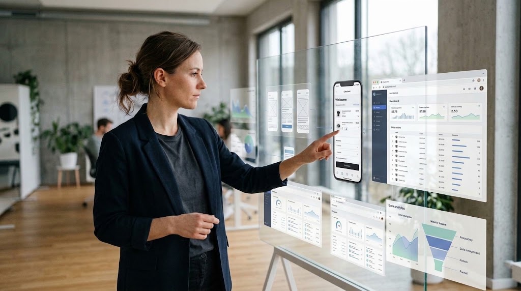 Beispiel für modernes Web- und App-Design: Eine Frau steht vor einer Glasscheibe, die sie als Flipchart nutzt und bearbeitet Designs an Smartphone- und PC-Screens.