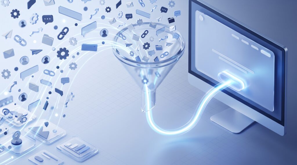 Isometrische 3D-Grafik eines gläsernen Trichters, der viele kleine digitale Symbole aus der linken unteren Bildecke filtert und als einzelnen leuchtenden Lichtstrahl direkt in eine Landingpage auf einem PC-Monitor rechts leitet (Conversion-Funnel-Visualisierung in Blau und Weiß). KI-generiert.